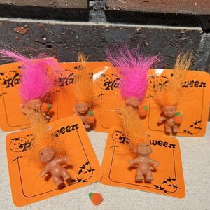 6 Vintage Troll Halloween Pumpkin Rings Plastic Pink Orange
